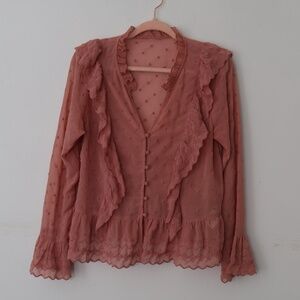 Sheer Ruffle Pink Button Down Top